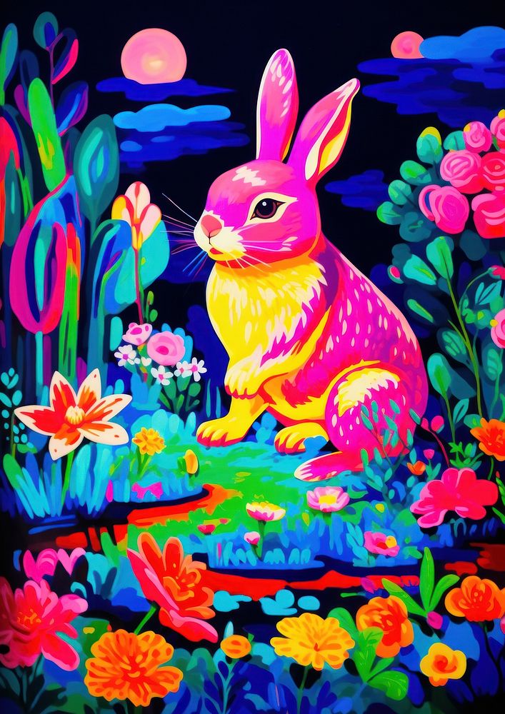 A cute rabbit in a flower garden painting purple animal.