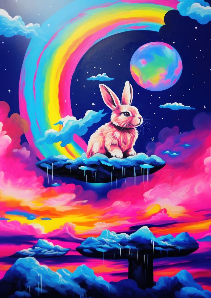 A cute rabbit on the moon painting outdoors nature.