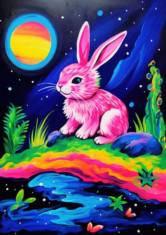 A cute rabbit on the moon painting purple rodent.