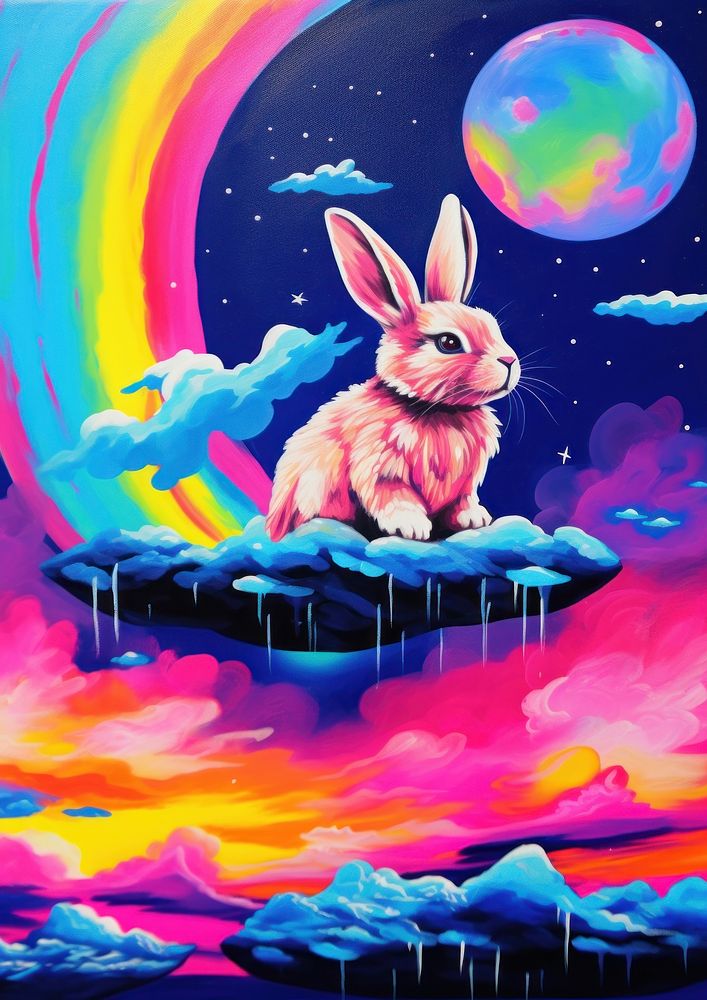 A cute rabbit on the moon painting purple mammal.