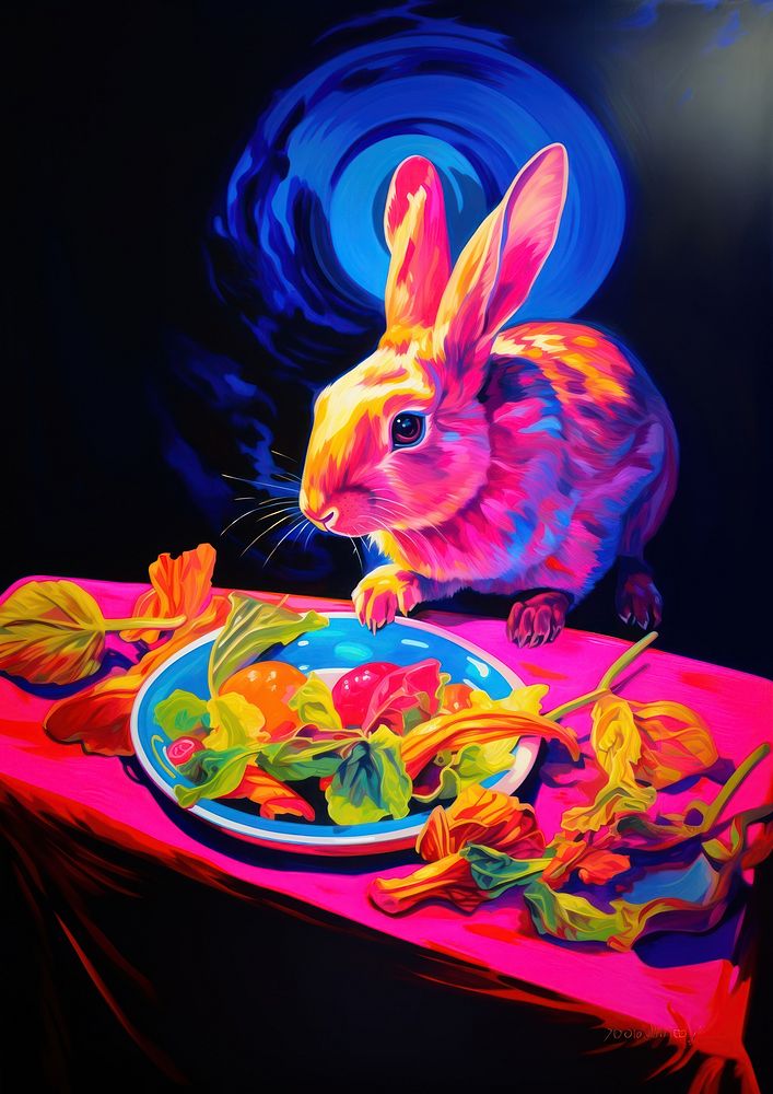 A rabbit eating gabage painting animal rodent.
