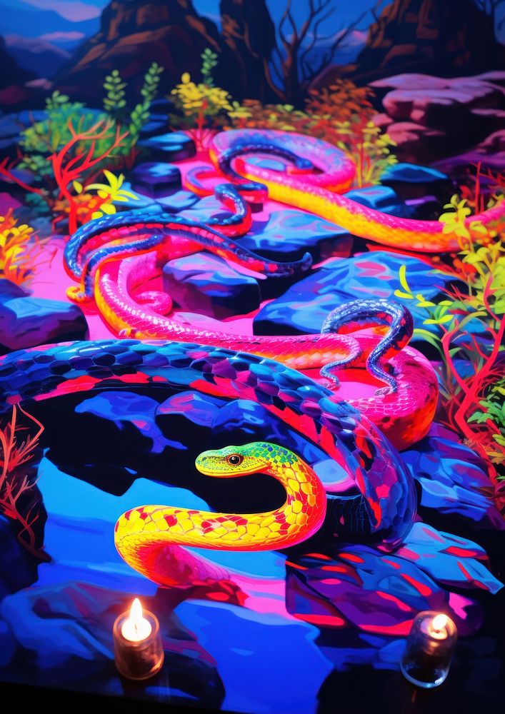 A snake painting yellow purple.