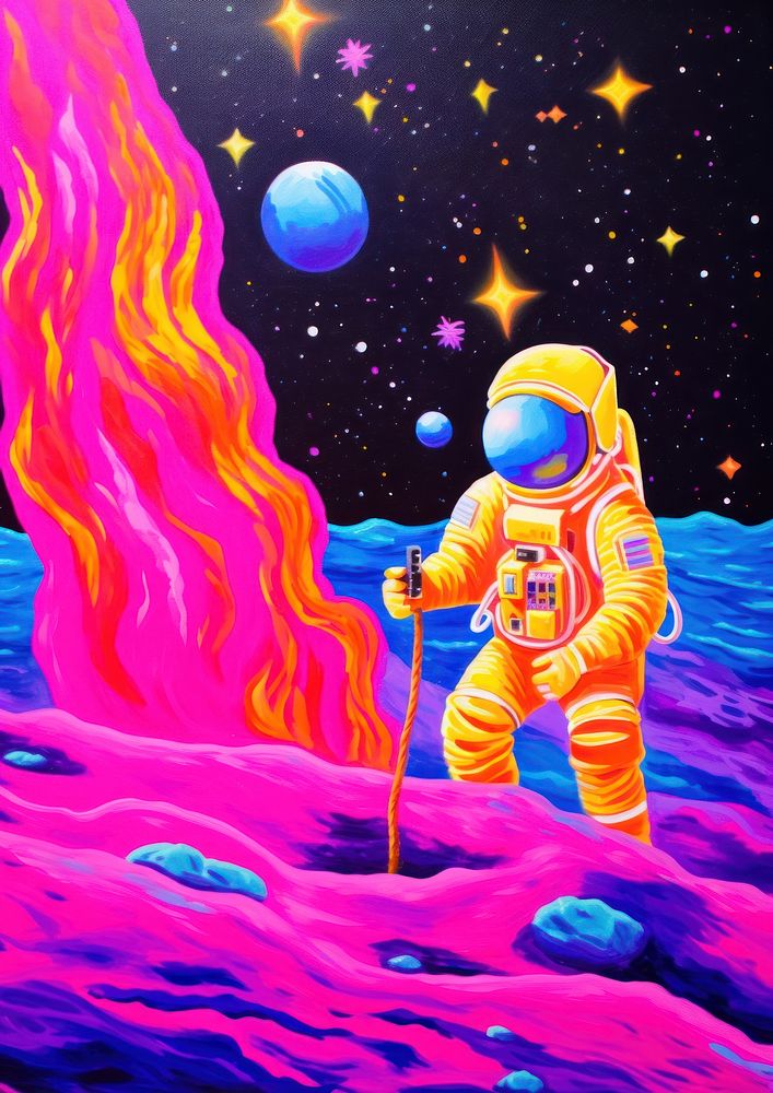 An astronaut painting purple astronomy.