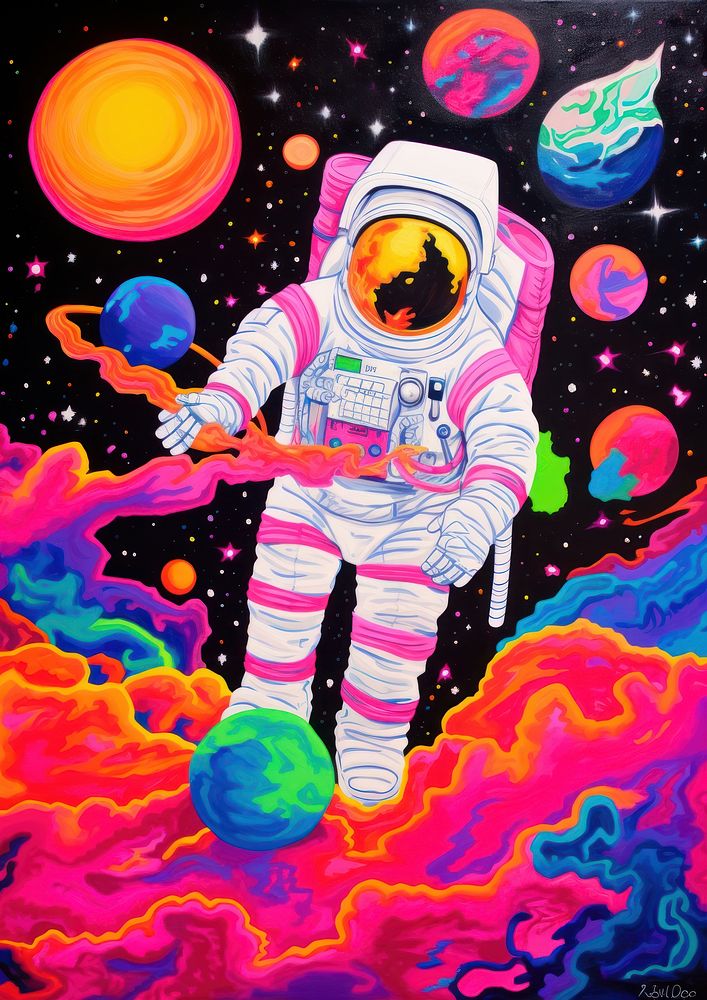 An astronaut on the space painting purple representation.