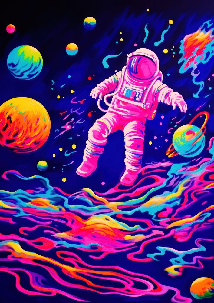 An astronaut floating purple universe painting.