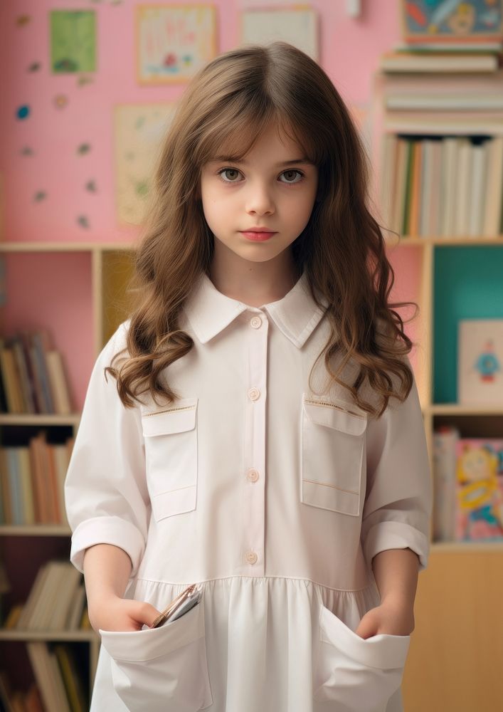 Girl white dress with a shirt collar and long sleeves blouse child kid.