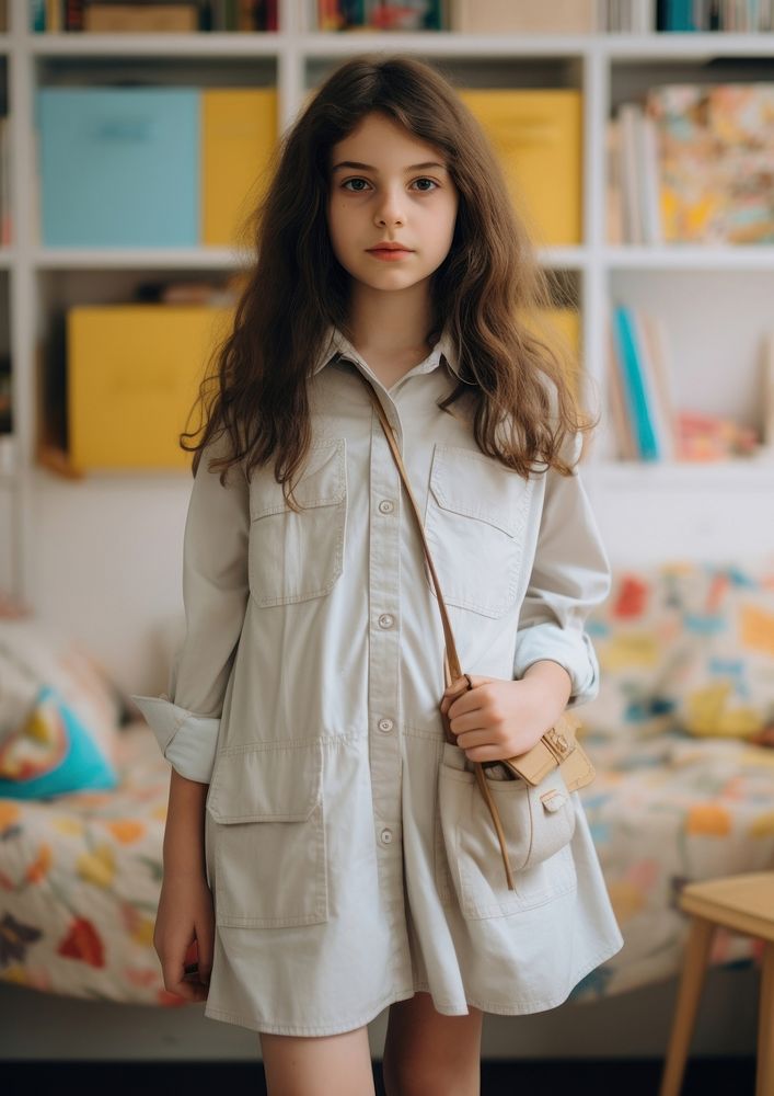 Girl white dress with a shirt collar and long sleeves coat contemplation hairstyle.