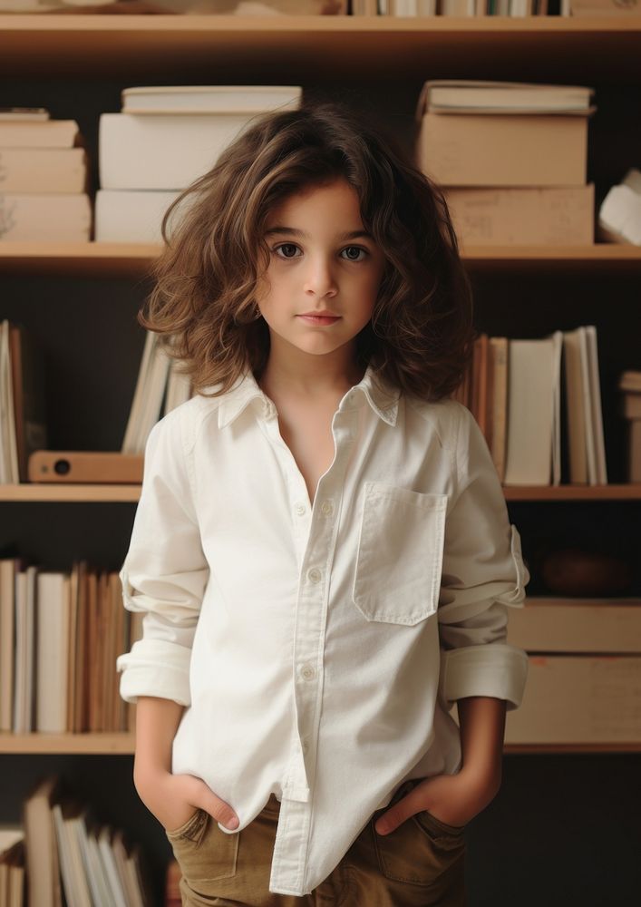 Girl white shirt and long sleeves publication bookshelf bookcase.