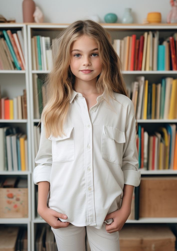 Girl white shirt and long sleeves bookshelf bookcase blouse.
