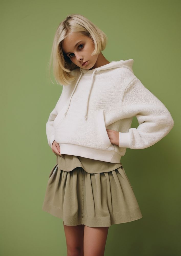 Blonde short hair kid wearing white hoodie knit jacket and knit ruffled skirt sweatshirt miniskirt shorts.