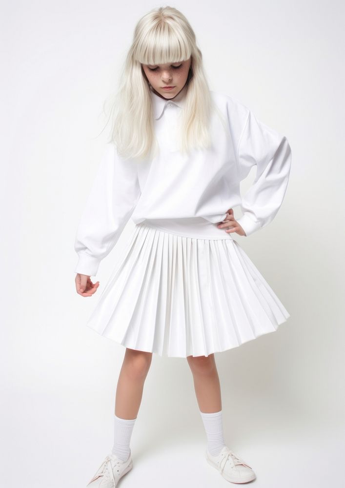 Cheerful white kid skirt white background hairstyle.