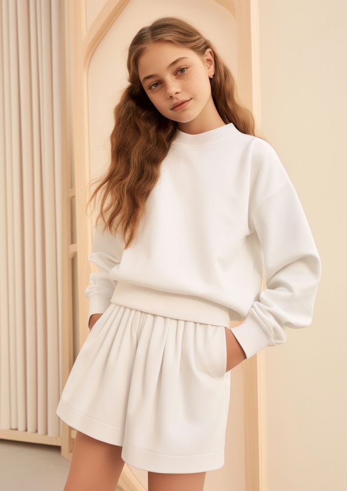 Cheerful white kid wearing blank white embroidered polo sweatshirt and white contrast pleated skirt miniskirt sleeve blouse.