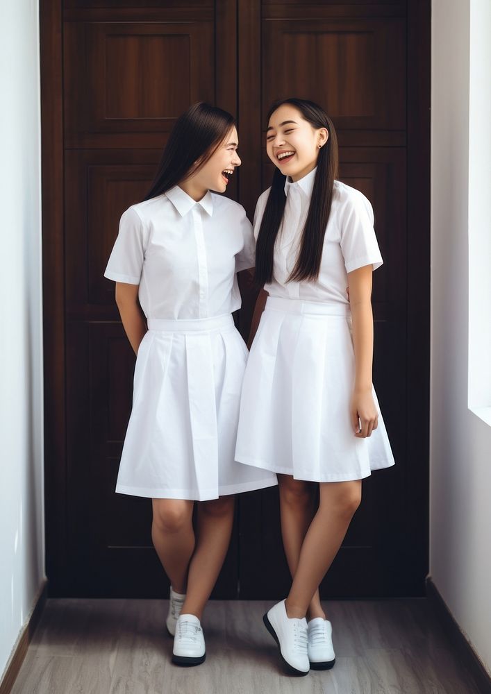 Cheerful young women laughing while standing together wearing white student uniform and skirt footwear togetherness…