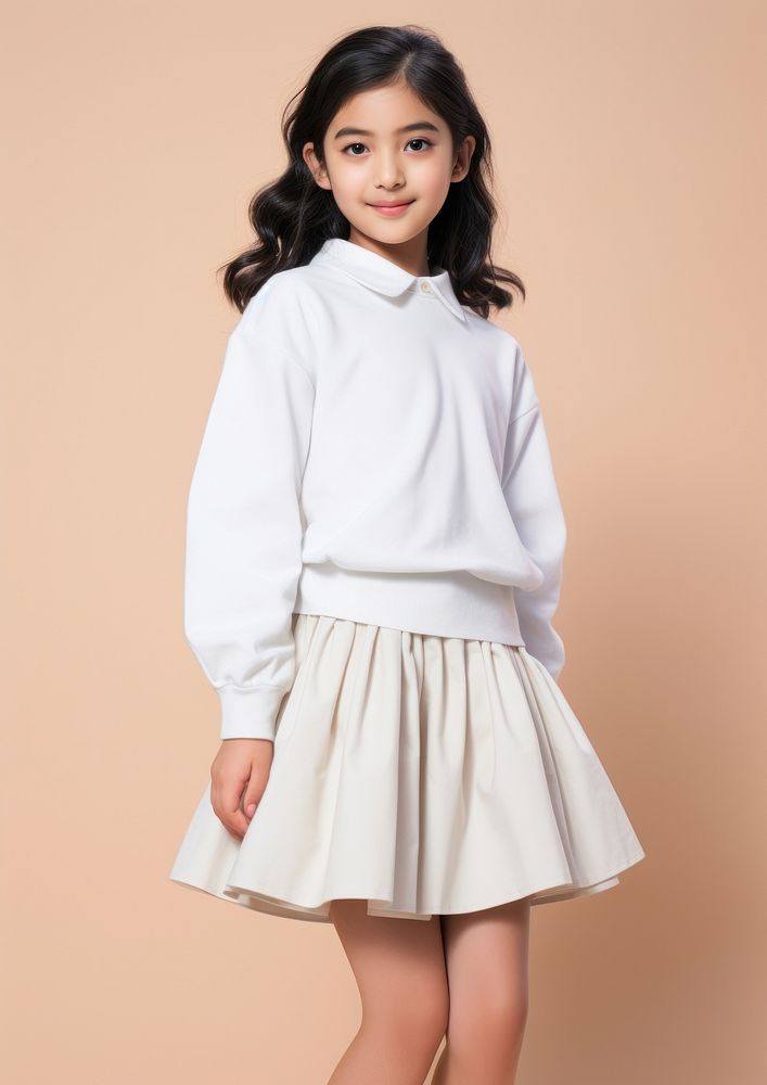 Cheerful asian kid wearing blank white embroidered polo sweatshirt and white contrast pleated skirt miniskirt sleeve blouse.