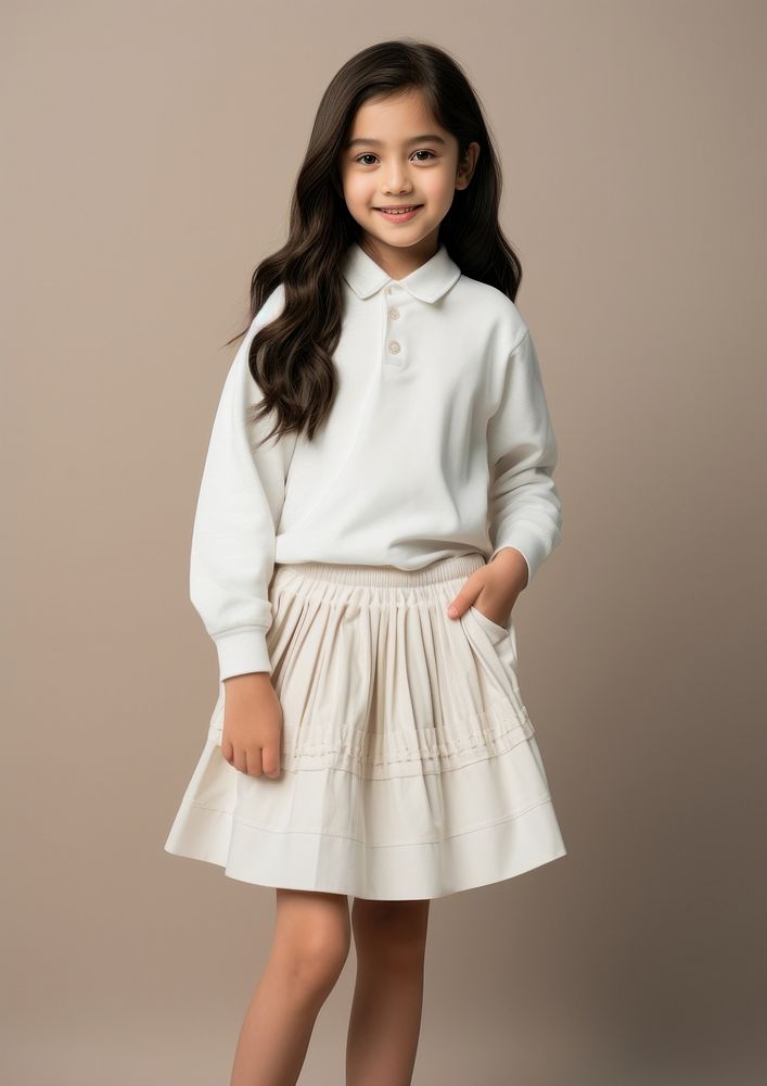 Cheerful asian kid wearing blank white embroidered polo sweatshirt and white contrast pleated skirt miniskirt blouse…