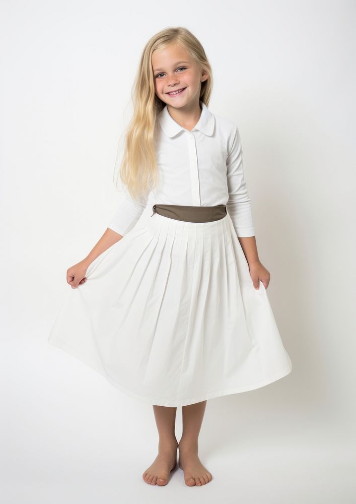 Cheerful blonde hair kid wearing white box pleat skirt dress white background hairstyle.