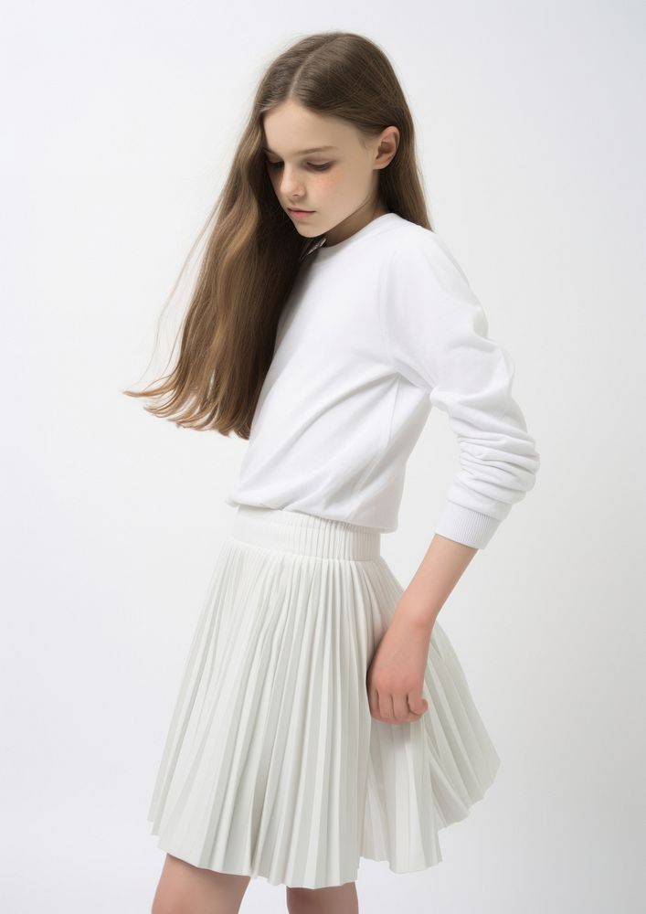 Kid wearing white cropped sweatshirt and white pleated buttoned skirt miniskirt blouse white background.