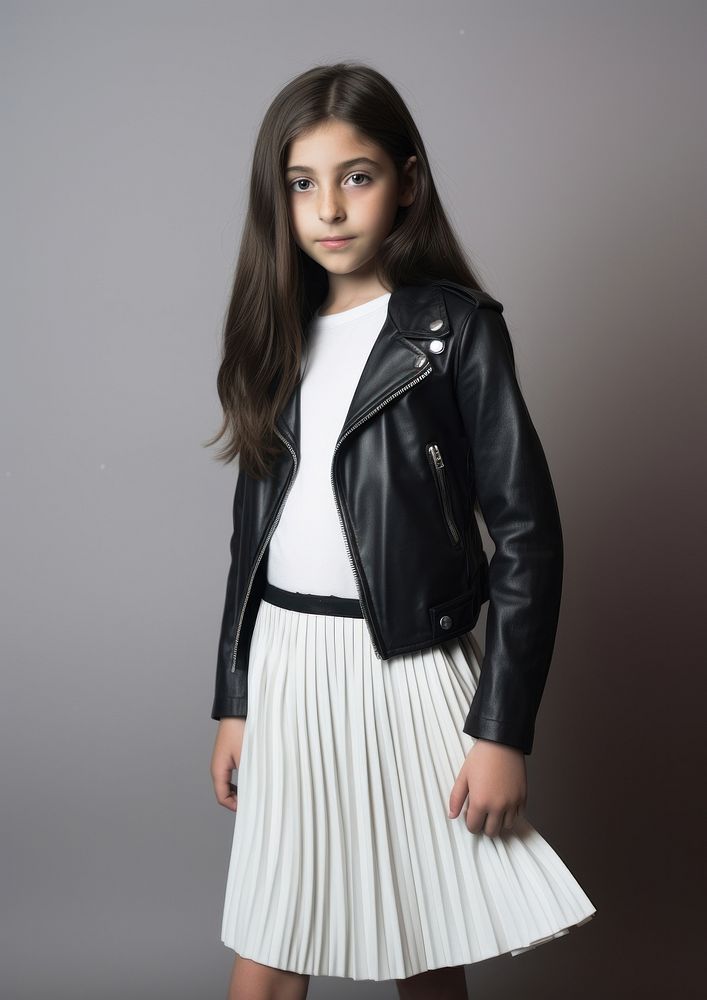 Kid wearing leather jacket and white pleated buttoned skirt coat individuality hairstyle.