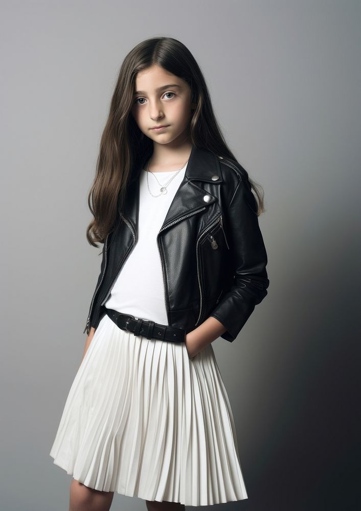 Kid wearing leather jacket and white pleated buttoned skirt miniskirt individuality accessories.