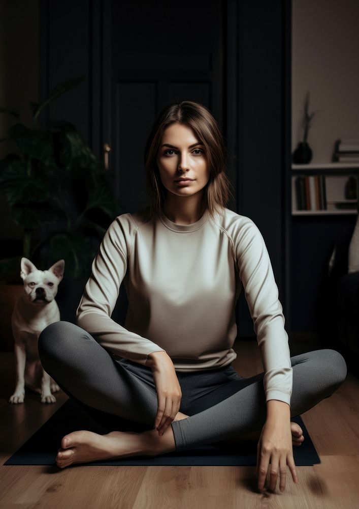 Two an athletic woman in a tracksuit is training at home sitting fitness mammal.