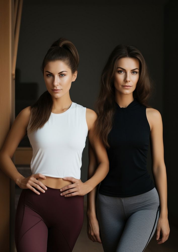 Two an athletic woman in a tracksuit is training at home portrait sports adult.