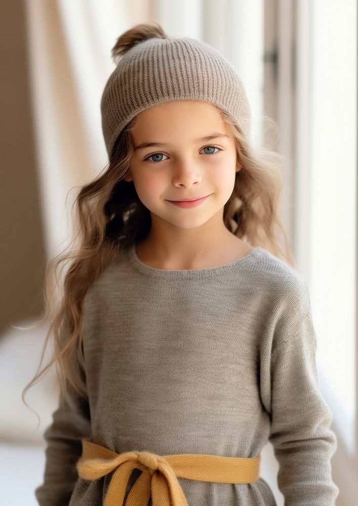 Kid wearing knit cashmere kid dress sweater child hairstyle.