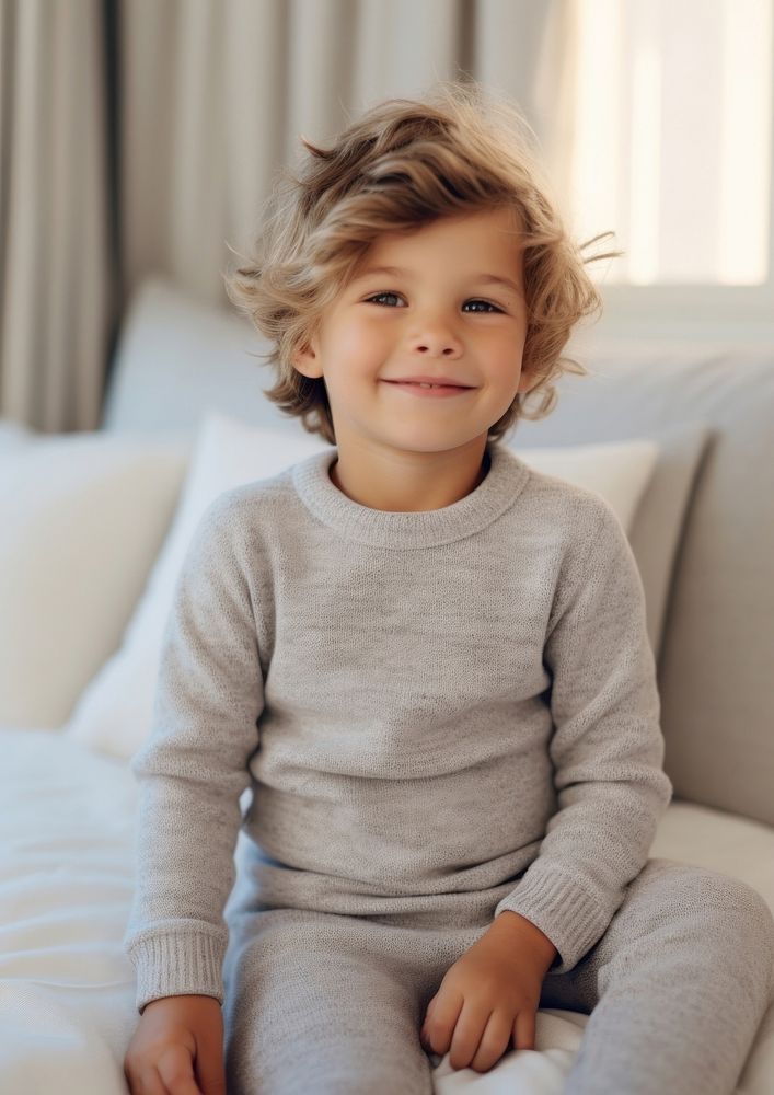 Kid wearing knit cashmere kid pajamas sweater relaxation hairstyle.