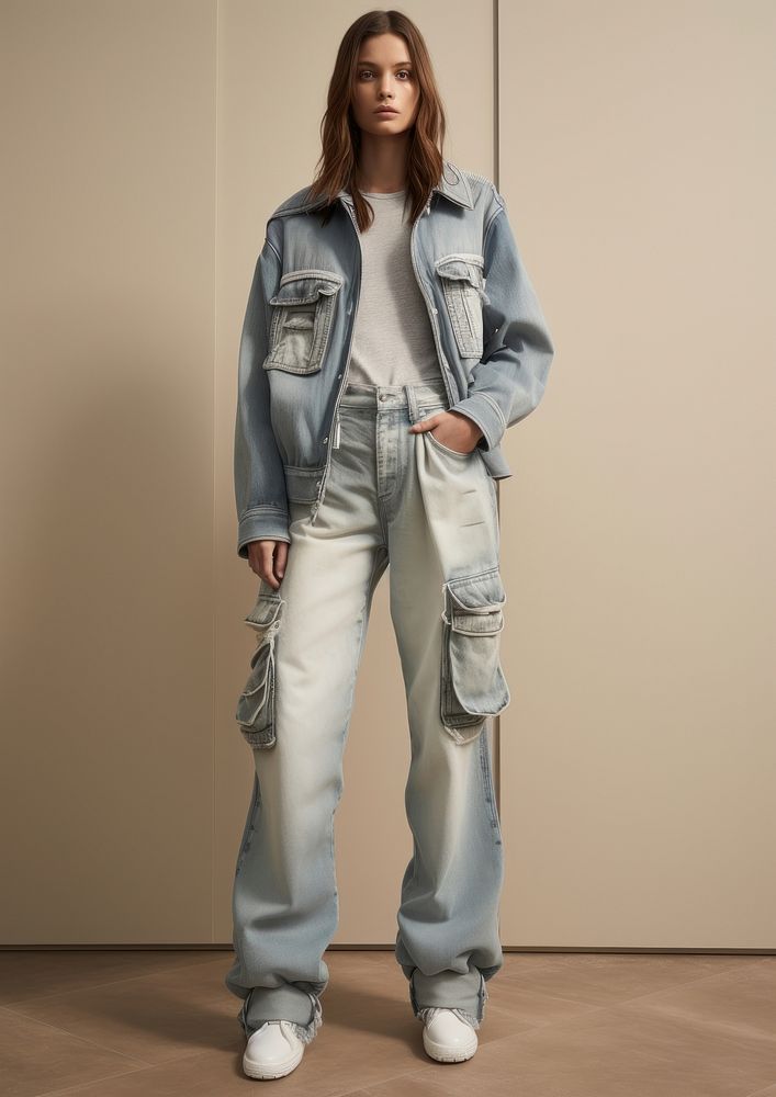 Mid-rise jeans with front pockets and back patch pockets denim footwear portrait.