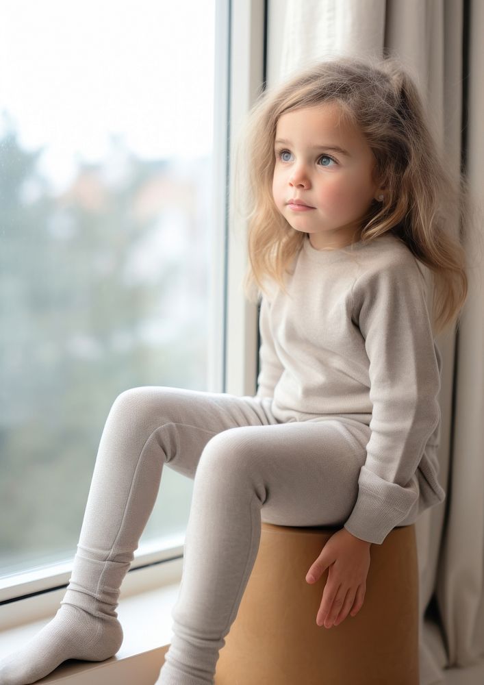 Knit cashmere kid leggings sitting window child.