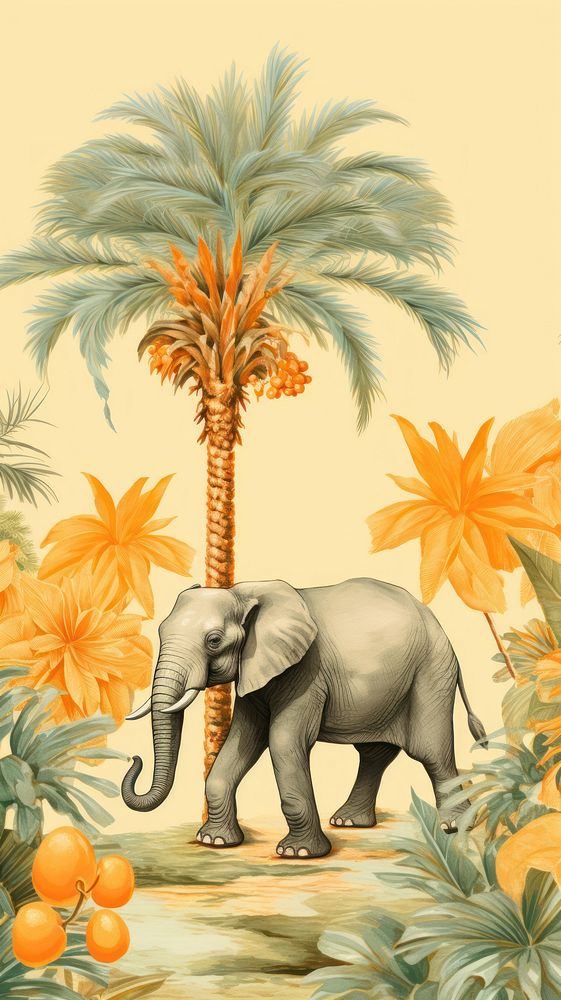 Vintage wallpaper elephant tree wildlife.