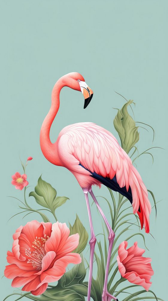 Vintage wallpaper flamingo animal flower.