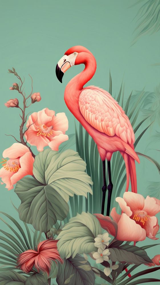 Vintage wallpaper flamingo animal flower.