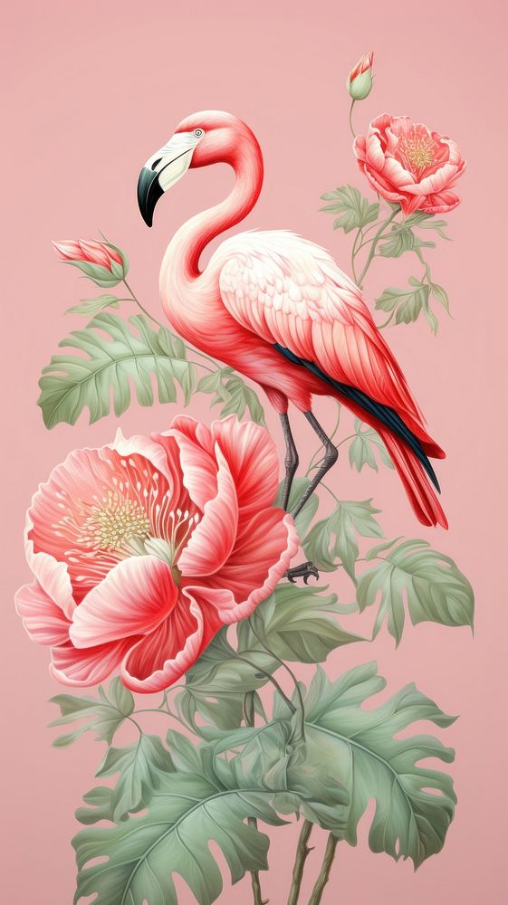 Vintage wallpaper flamingo flower animal.