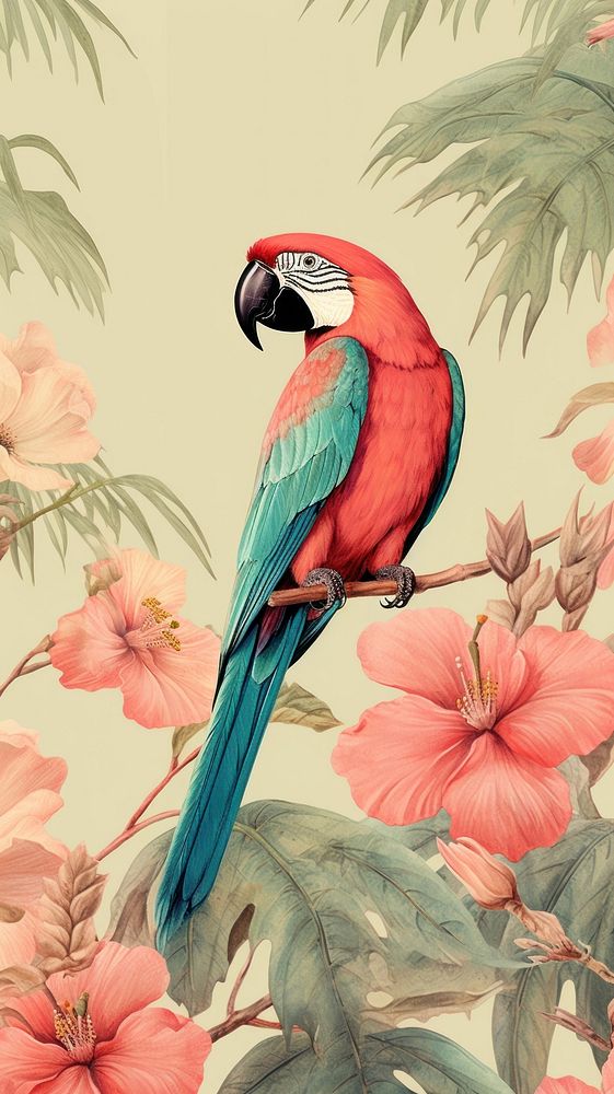Vintage wallpaper parrot animal flower.