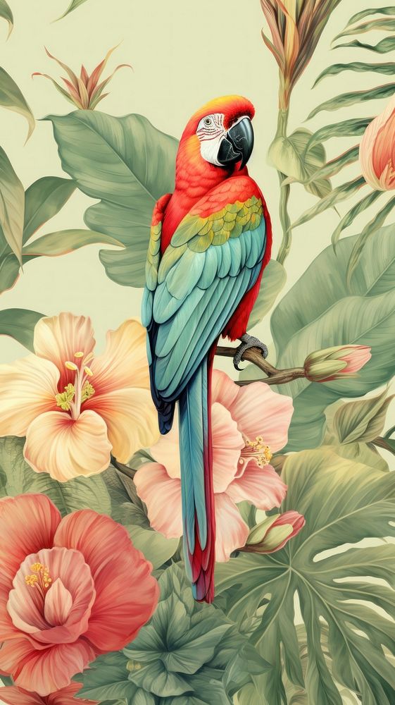 Vintage wallpaper parrot flower animal.