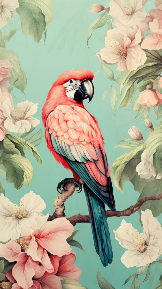 Vintage wallpaper parrot painting animal.