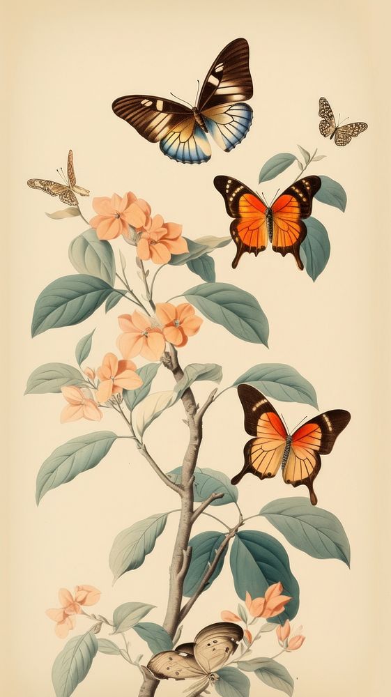 Vintage drawing of butterfly animal insect branch.