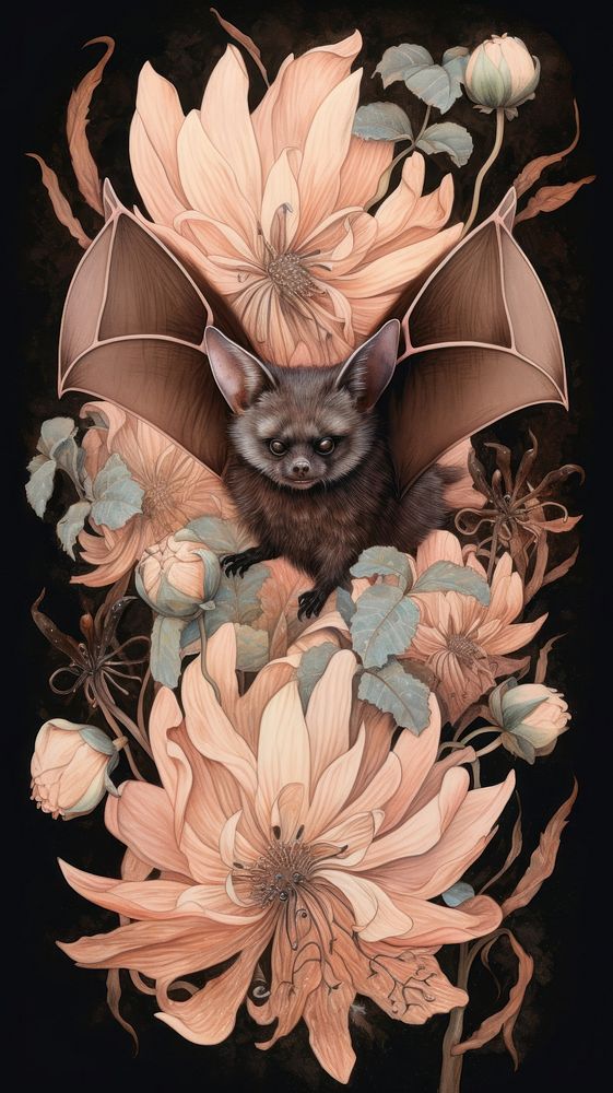 Vintage drawing of bat animal mammal sketch.