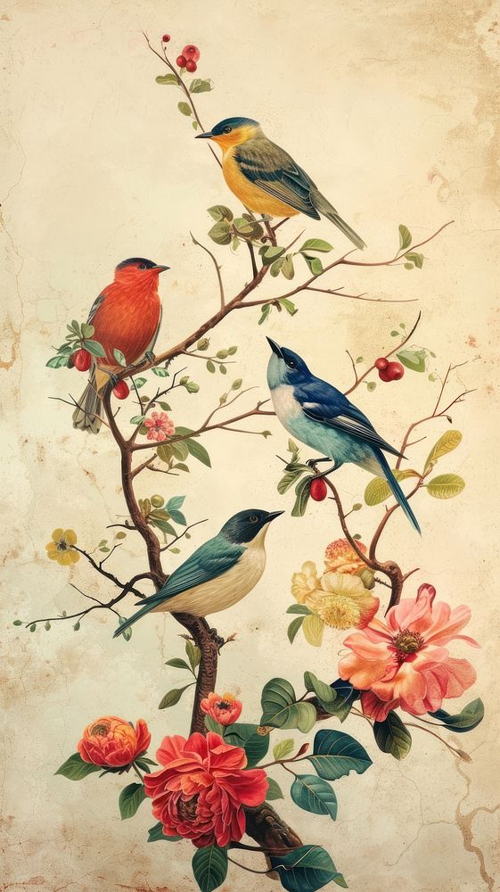 Vintage drawing of birds flower painting pattern.