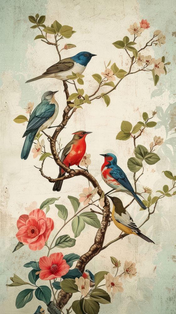 Vintage drawing of birds flower painting branch.