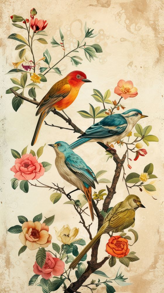 Vintage drawing of birds flower painting pattern.