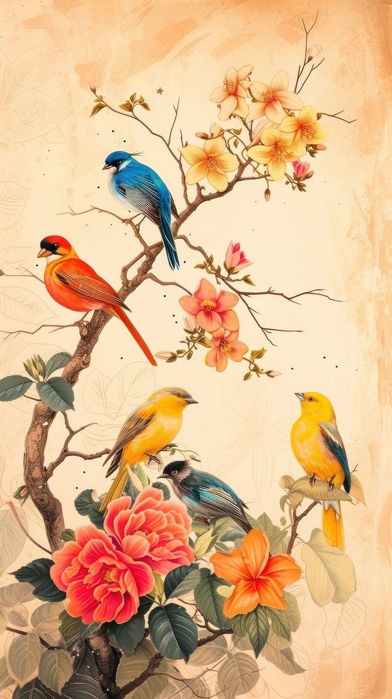 Vintage drawing of birds flower painting animal.