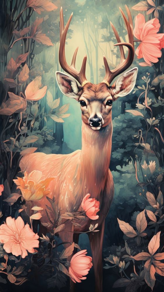Vintage drawing of deer flower wildlife painting.