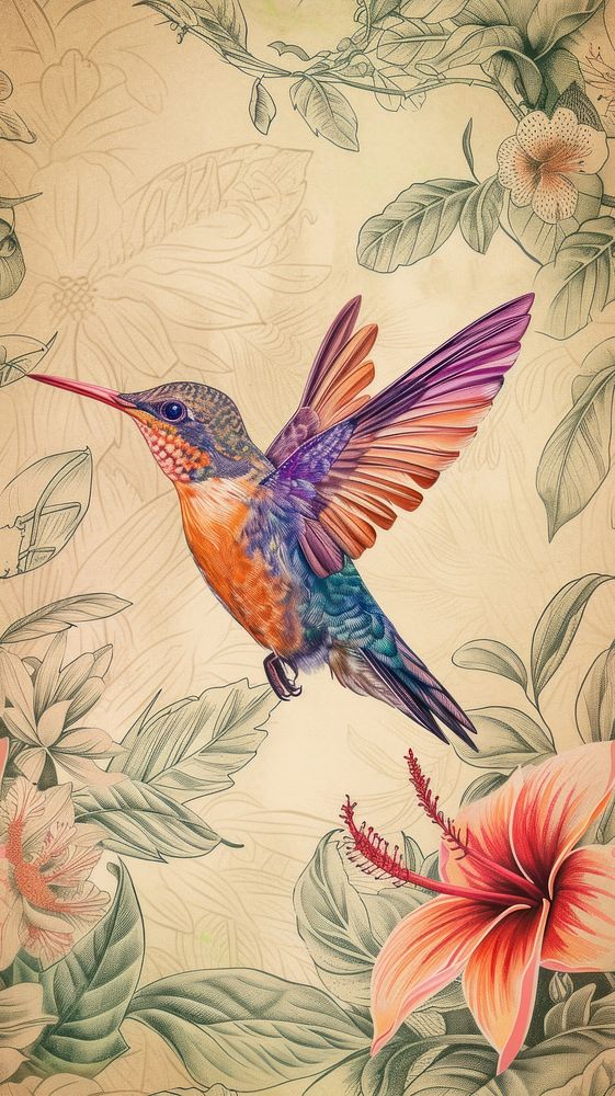 Drawing of flying bird hummingbird animal flower.