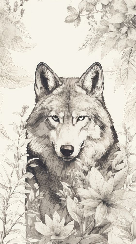 Vintage wallpaper drawing sketch wolf.