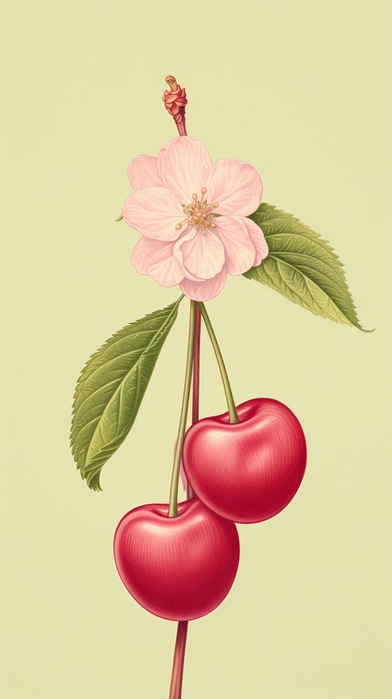 Vintage drawing cherry flower plant fruit.