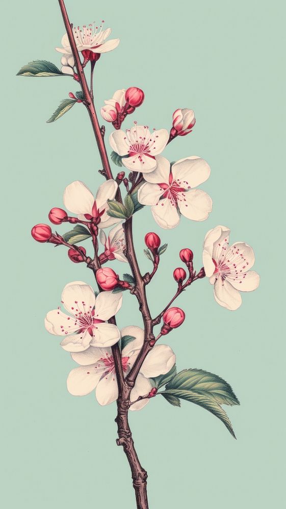 Vintage drawing cherry flower blossom branch.