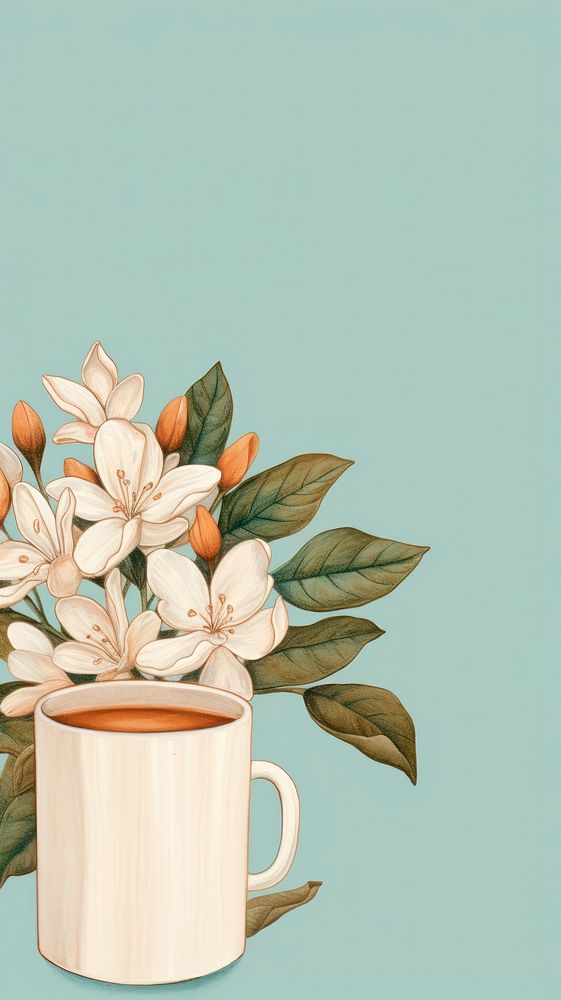 Vintage drawing coffee mug flower saucer plant.