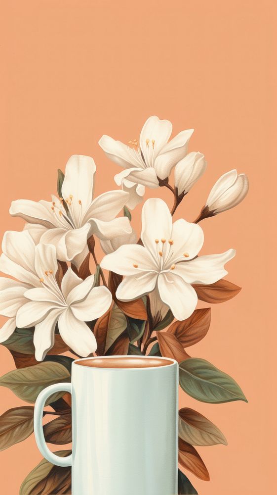 Vintage drawing coffee mug flower blossom plant.