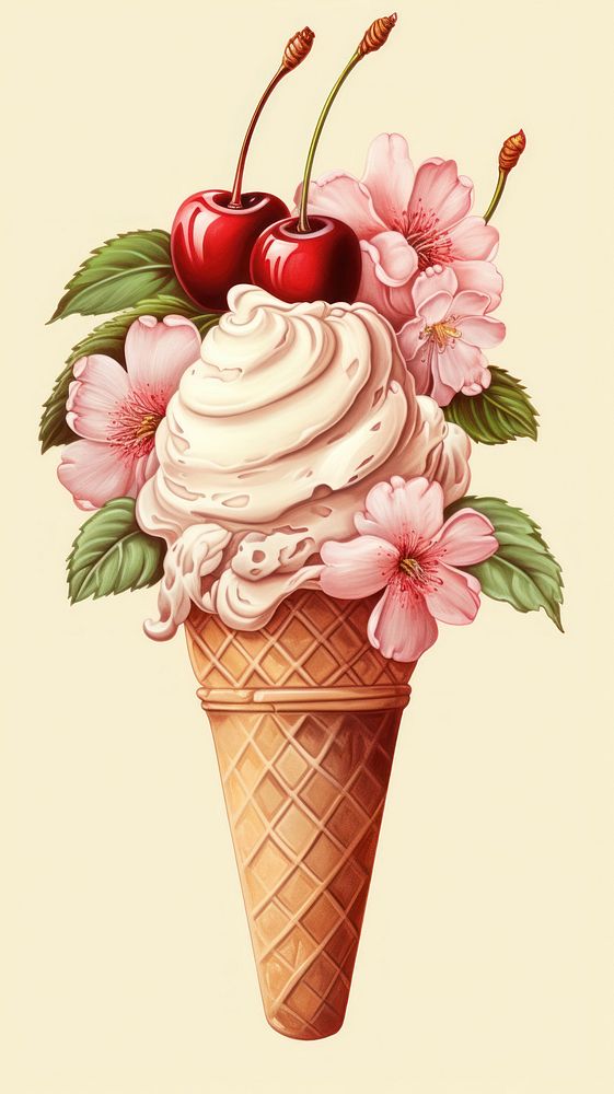 Vintage drawing ice cream dessert cherry food.